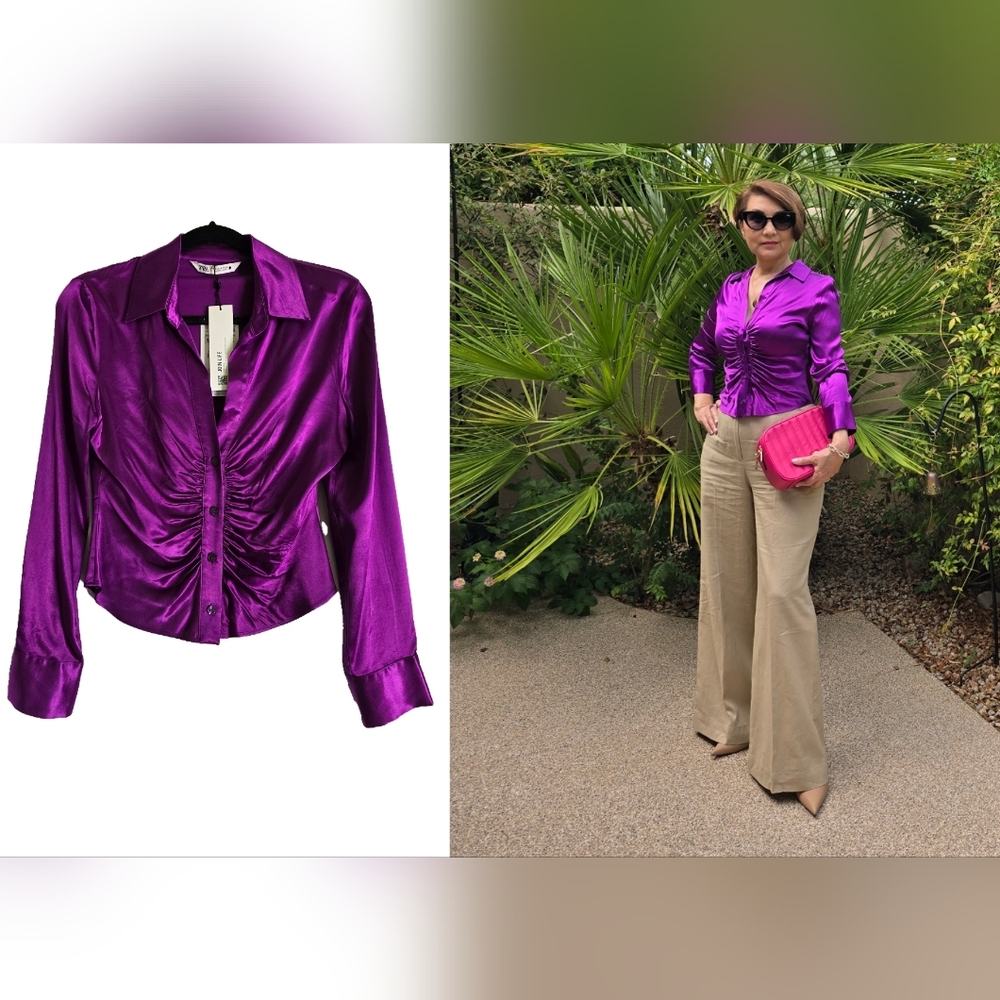 💜NWT Zara Vibrant Purple Satin Blouse with Ruching, Size M